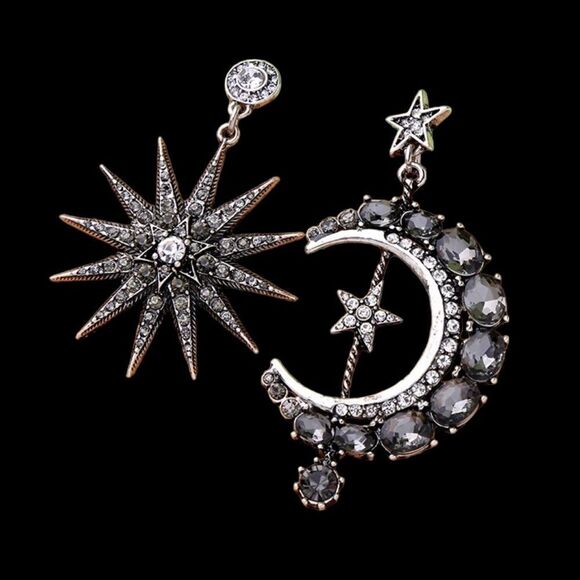 Star Crescent Moon Mismatched Silver Tone Smoky Crystal Dangle Earrings NWT - Picture 2 of 12